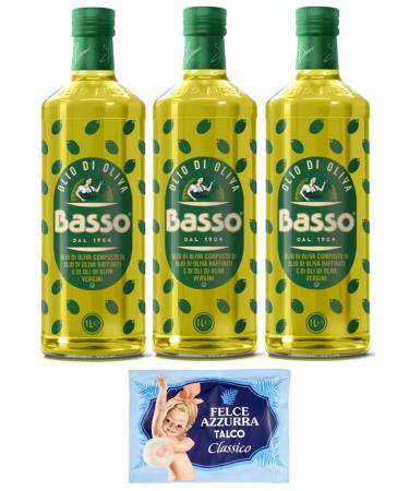 3 x Basso Olio di Oliva Olive Oil, Super for Frying 1 Litre Glass Bottles + 1 x Free Felce Azzurra Talcum Powder 100 g Bag