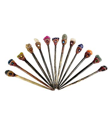 Assorted Natural Tumbled Healing Gemstone Crystal Wooden Hair Stick Sets - Wholesale Womens Fashion Handmade Gifts Boho Reiki Accessories (2 PIECES) 2 Count (Pack of 1)