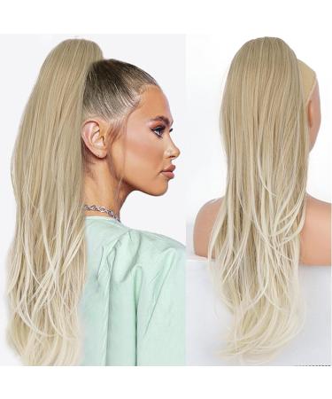 PORSMEER Ponytail Extension Drawstring Ponytail Hair Extensions Blonde to Platinum Colour 26 Inch Long Natural Straight Wavy End Synthetic Hairpiece for Women Girls Daily Use Light brown to Platinum
