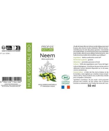 Organic Neem Oil 100% Pure and Natural 50 ml PROPOS'NATURE - Buy Online on GoSupps.com