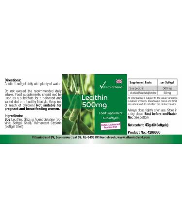 Lecithin 500 mg - 60 Softgels | Standardized 10% Phosphatidylcholine | Safe Dosage | Buy Online at Vitamintrend - International Shipping Available - Buy Online on GoSupps.com