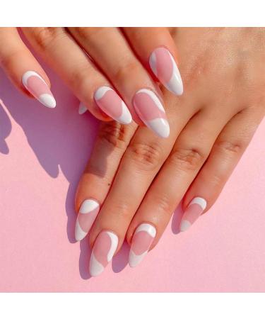 JUSTOTRY 24 Pcs Milky Swirl Almond Short False Nails White French Press on Nails Pattern Trendy Pink Fake Nails Short with Nail Glue Wavy Oval Medium Stick on Nails for Women white&oval1
