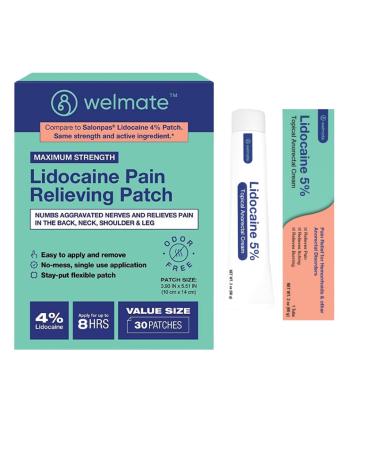WELMATE Ultimate Pain Relief Duo: 4% Lidocaine Numbing Patch (30 Ct) & 5% Lidocaine Cream (2 Oz) | Maximum Strength Topical Analgesic Kit