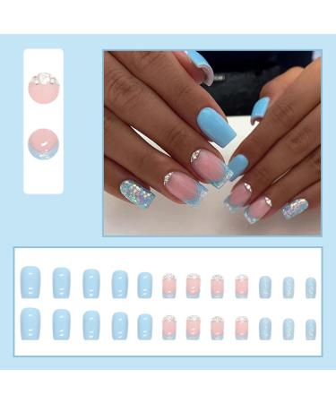 JUSTOTRY 24 Pcs Glitter Square Sky Blue French Press on Nails - Diamante Fake Nails with Nail Glue for Women's Nail Art - Buy Online on GoSupps.com