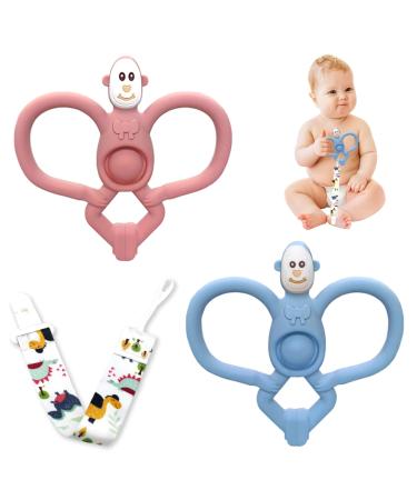 Guoyou Beißring Baby with pacifier chain BPA-free dental aid baby biting toys bite ring for baby from silicone teething toys to stimulate and relax for 3+ months babies (blue pink) blue Pink