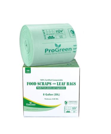 ProGreen 100% Compostable Bags 8 Gallon (30L), Extra Thick 0.85 Mil, 100 Count, Small Kitchen Trash Bags, Food Scraps Yard Waste Bags, ASTM D6400 BPI and TUV Austria Certified.