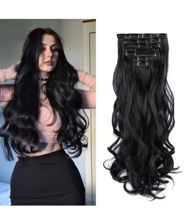 Clip In Hair Extensions Long Wavy 7 PCS Invisible Clip Thick Hairpieces Black Hair Piece Soft Full Head Synthetic Fiber for Women 22 Inches (Natural Black) 22 Inch (Pack of 7) 1B Dark Black--Wavy
