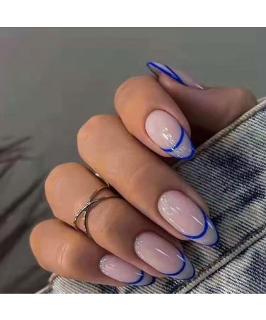 24Pcs Almond Press on Nails Short Glossy False Nail Blue Line Oval Geometric French Nails Tips Cute Ballerina Acrylic Full Cover Fake Nails Stick on Nails for Women
