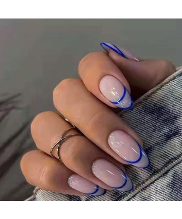 24Pcs Almond Press on Nails Short Glossy False Nail Blue Line Oval Geometric French Nails Tips Cute Ballerina Acrylic Full Cover Fake Nails Stick on Nails for Women - Buy Online on GoSupps.com