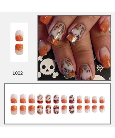 Fall Press On Nails - Short Square Fake Nails with Gold Glitter French Tip | Full Cover Autumn Design | Pumpkin Maple Leaf & Thanksgiving Nails | Glue on Acrylic Manicure - Buy Online on GoSupps.com