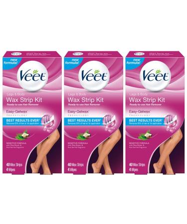 Hair Removal Wax Strips- VEET Easy- Gelwax Technology, Sensitive Formula Ready-to-Use Hair Remover Wax Strip Kit with Shea Butter, 40 wax strips with 4 wipes (Pack of 3)