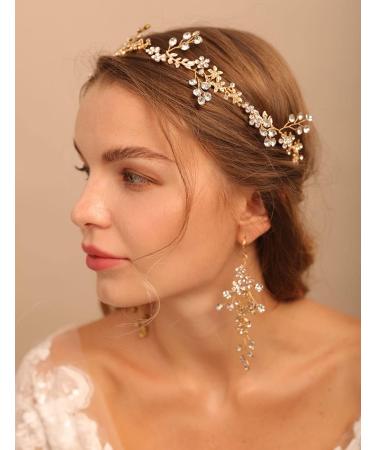 Deniferymakeup Bridal Floral Rhinestone Headband Rhinestone Earring Set Gold Wedding Accessories for Women and Girls - Buy Online on GoSupps.com