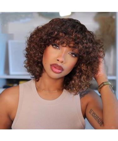 Curly Bob Wig with Bangs Human Hair Wigs Curly Wave Wigs for Black Women Short Afro Virgin Human Hair Wigs with Bangs 180% Density Piano Brown Blonde 12 inch (P4/30) None Lace Front Wigs for black women 12 Inch P4/30