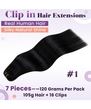Laavoo Black Clip-In Hair Extensions - Real Hair Weft 55cm 105g 7 Pieces - Premium Quality Clip-In Extensions #1 - Buy Online on GoSupps.com