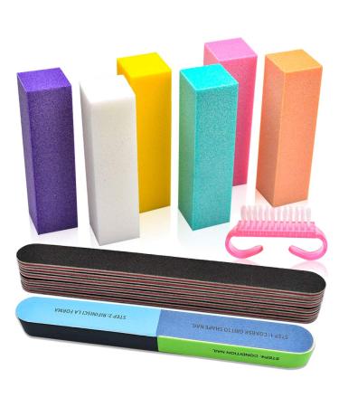 Professional Nail Files and Buffers Kit  100/180 Grit Emery Boards for Nails  Colorful 4 Sides 120 Grit Nail Buffer Blocks  7 Way Nail File Block with Finger Nail Brush for Salon Nail Art (14 PCS)