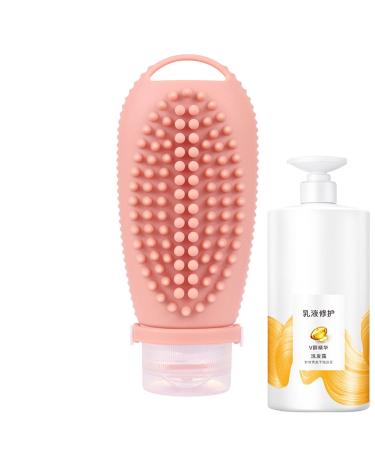 Travel bottles for shampoo travel size silicone shampoo bottle with massage brush portable for hanging leakage-proof travel storage bottle with a non-slip handle for shampoo dark pink