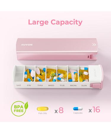 AUVON Aluminum Alloy 7 Day Pill Box Organizer for Travel - Stylish Design with Privacy Protection - Large Compartment for Vitamins and Supplements (Pink) - Buy Online on GoSupps.com