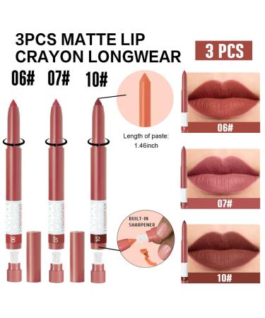 3Pcs Matte Lipstick & Lip Liner Set - Waterproof & Long Lasting 24 Hour Wear in Purple, Mauve, Pink, Red, Brown - Includes Sharpener - Original 6&7&10 Shades - 3 Count Pack - Buy Online on GoSupps.com