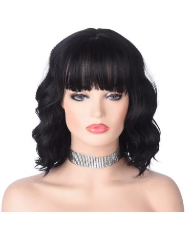 AMZCOS Short Black Wavy Wig with Bangs for Women 12 Inch Natural Synthetic Hair Bob Wigs for Womens Daily Wear (Black)