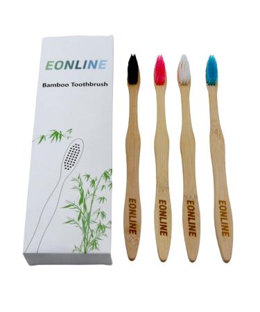 Bamboo Toothbrush Soft Bristle BPA Free Soft Bristle Toothbrush Eco Friendly Natural Wooden Toothbrushes Vegan Organic Bamboo Charcoal Tooth Brush for Sensitive Gums 4 Colors