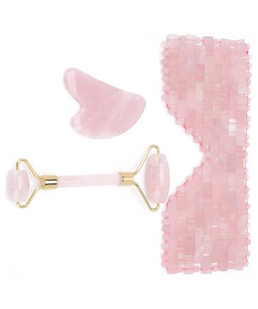 Facial Roller Set Scraper Fillet Rose Quartz Scraping Board Beauty Massager Set for Forehead for Neck for Eye for Face