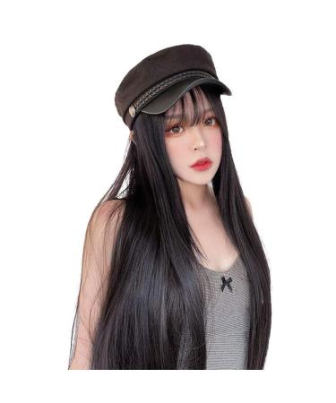 BGHJUE Wig female long hair navy hat wig one fashion black long straight hair autumn and winter natural full headgear