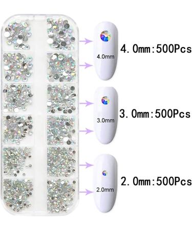 1500Pcs Nail Gems Flat Back Crystal Rhinestones + Tweezer | Face & Nail Art Decoration | 3 Sizes White-AB - Buy Online on GoSupps.com