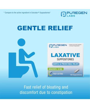 Puregen Labs Fast Relief Laxative Suppositories - 100 Count Bisacodyl 10mg | Quick Constipation Relief in 15-60 mins | USA-Made Stimulant Laxative - Buy Online on GoSupps.com