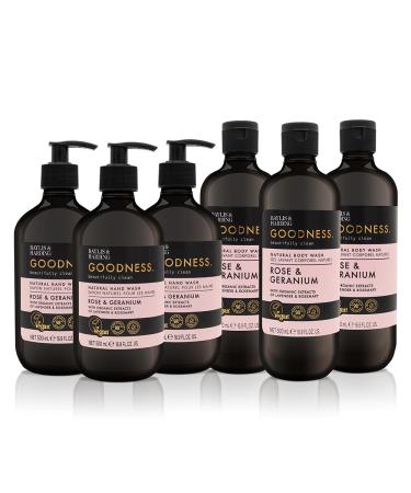 Baylis & Harding Goodness Rose & Geranium Toiletries Bundle: 3 x 500 ml Hand Wash & 3 x 500 ml Body Wash (6 bottles) - Vegan Friendly 500.00 ml (Pack of 6) Rose & Geranium Body Wash Bundle