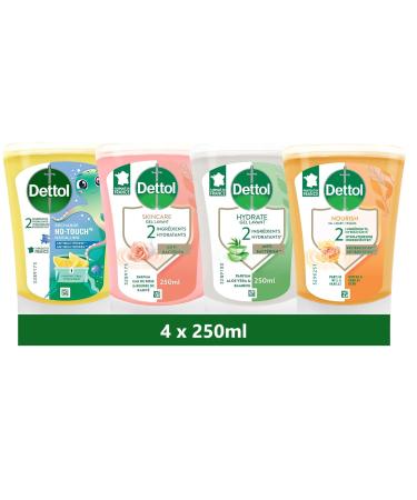 DETTOL - 4 Recharges No-Touch Savon Liquide Mains 250 ml - Miel & Vanille Citron Eau de Rose & Beurre de Karit et Aloe Vera & Bambou 250 g (Lot de 4)