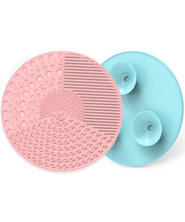 Silicone Makeup Brush Cleaning Mats with Suction Cups Set of 2 Portable for Travel Makeup Brush Cleaner Pads For All Brush Types (Pink and Blue)