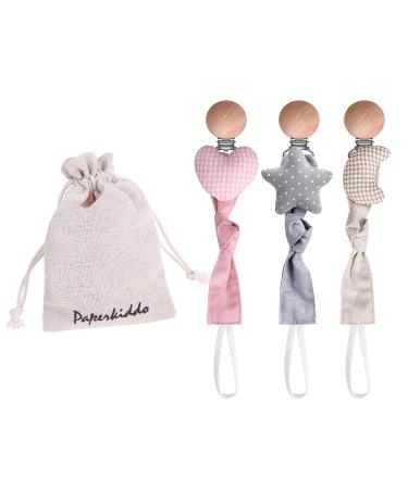 Paperkiddo 3pcs pacifier chain pacifier band girl and boy from Bauhmwoll-Musselin with nickel-free metal clips 22cm for bib triangular sucker scnuller (Dear + moon + star)