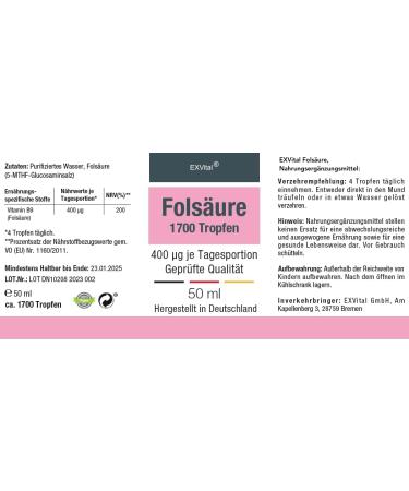 Buy Folic Acid Drops 400 g - 50ml Vegan Supplement for Pregnancy & Immune Health - Additive-Free Lab-Tested in Germany - Buy Online on GoSupps.com