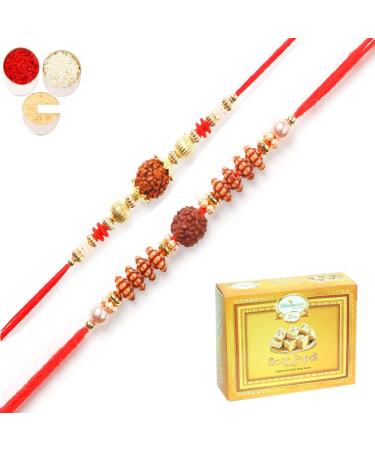 Ghasitaram Gifts Rakhi for Brother Rakhis Online - Set of 2 6142 6176 Rudraksh Rakhis with 400 GMS of Soan Papdi