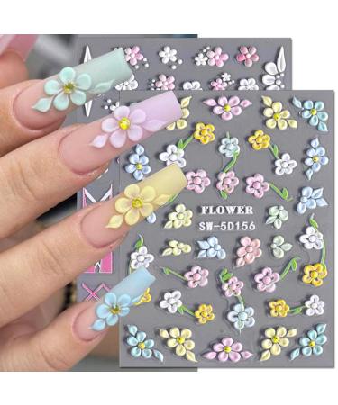 5D Embossed Flower Nail Stickers for Nail Art Supplies 5D Acrylic Carved Flower Nail Decals Cute Petals Nail Art Stickers Floral Nail Sticker Nails Stickers Colorful Flower Stickers for Nails Design