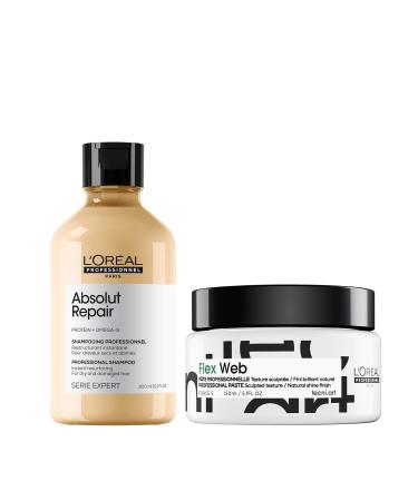 LOr al Professionnel Routine for damaged hair and texturized tousled finish set with restorative Absolut Repair Shampoo and Texturizing Styling Paste Flex Web