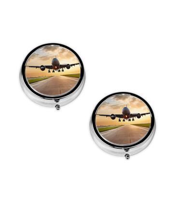 (Airplane) Round Pill Box 3 Compartment Pill Box Mini Decorative Pocket Purse Portable Travel Medicine Tablet Vitamin Holder Organizer Pill Case