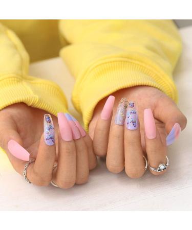 Sethexy Long Ballerina Matt False Nail Tips - Pink Gradient Sparkle Butterfly Coffin Fingernails | 24pcs Acrylic Art for Women & Girls - International Shipping Available - Buy Online on GoSupps.com
