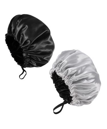 Fuyamp 2 Packs Satin Sleep Cap Adjustable Silky Sleep Bonnet for Women Long Curly Hair Double-Sided Waterproof Satin Hair Cap Extra Large Sleep Satin Bonnet for Women Girls Sleeping Grey+Black