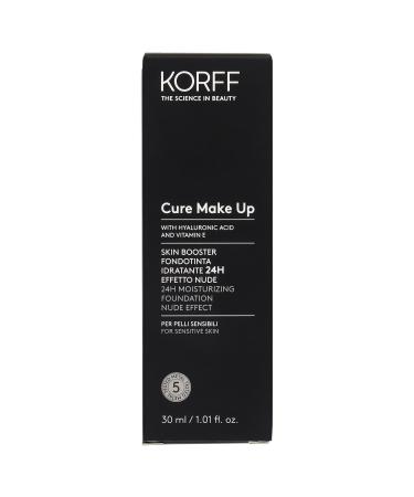 Korff Skin Booster 24-hour moisturizing foundation with a bare-look effect featuring hyaluronic acid and vitamin E. It has a fine silky texture and low coverage. Shade 05 30ml pack.