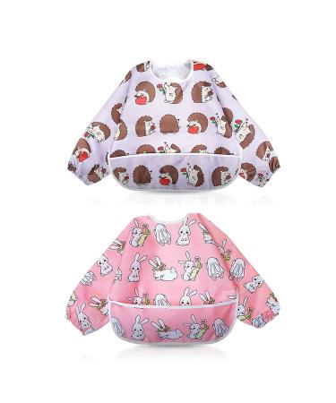 Little Dimsum Weaning Bibs Set with Sleeves Long Sleeved Waterproof Toddlers Feeding Bib Apron Food Protection Large Pocket Overalls 6-36 (Little Rabbit/Little Hedgehog)