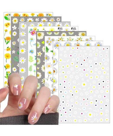 8 Sheets Flower Nail Art Stickers Decals 3D Small Daisy Nail Art Supplies for Spring Summer Nail Art Decoration Flowers Floral Sunflowers Nail Design Sticker Manicure Tips DIY Acrylic Nails