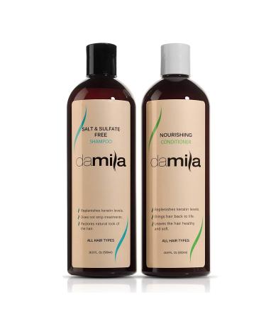 Damila Salt & Sulfate Free Shampoo & Conditioner for Keratin and Color Treated Hair - Professional Keratin Value Pack for Damaged Frizzy Curly Dry & Thin Hair - Shampoo Sin Sal - 16.9 Fl Oz 16.9 Fl Oz (Pack of 2)