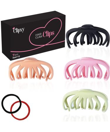 CLIPXY Premium Claw Clips Set of 6 Pcs Hair Claw Clip with Hair Bands Sturdy and Durable Hair Clips Women 4.3 Inch Matte Coated Large Hair Clips Bundle for Thick Hair Women for Everyday Wear Vibrant