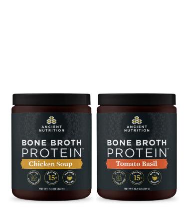 Ancient Nutrition Bone Broth Protein Powder Chicken Soup 15 Servings + Bone Broth Protein Powder Tomato Basil 15 Servings
