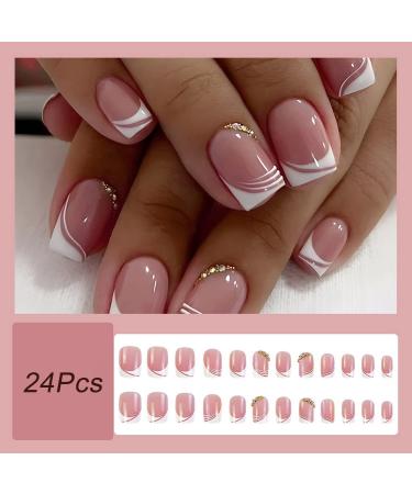 24 Pcs Short Square French Tip Press on Nails with Rhinestone Designs - Nude Pink Glue on Nails for Women - Buy Online on GoSupps.com