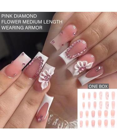 PLCPDM False s Flower Full Cover Tips French White Tip Stick On Rhinestones Press On for Women 1 set 1 box - Buy Online on GoSupps.com