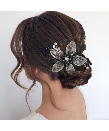Campsis Flower Bridal Hair Barrette with Black Rhinestones - Handmade Crystal Hair Clip for Wedding, Prom, Bridesmaids - Buy Online on GoSupps.com