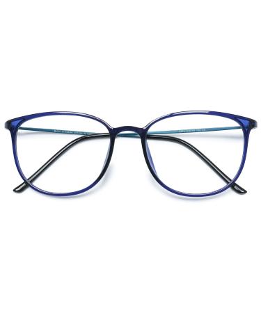 Koosufa classic retro glasses frames nerd glasses men women thin glasses without prescription steering glasses large panto glasses ultra light tr90 glasses frame with case blue