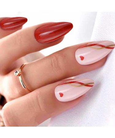 OKAQEE Nails Fake Nails Almond Solid Color Short Square False Nails with Glue (Love Line)